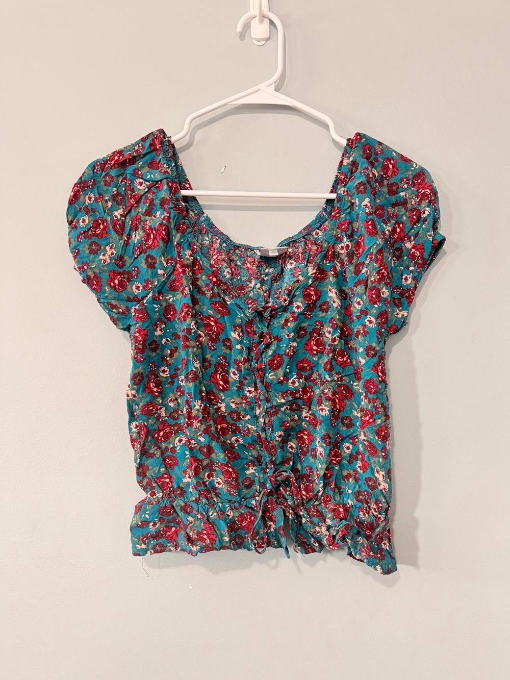 Belle Du Jour Teal Floral Short-Sleeve Drawstring Blouse